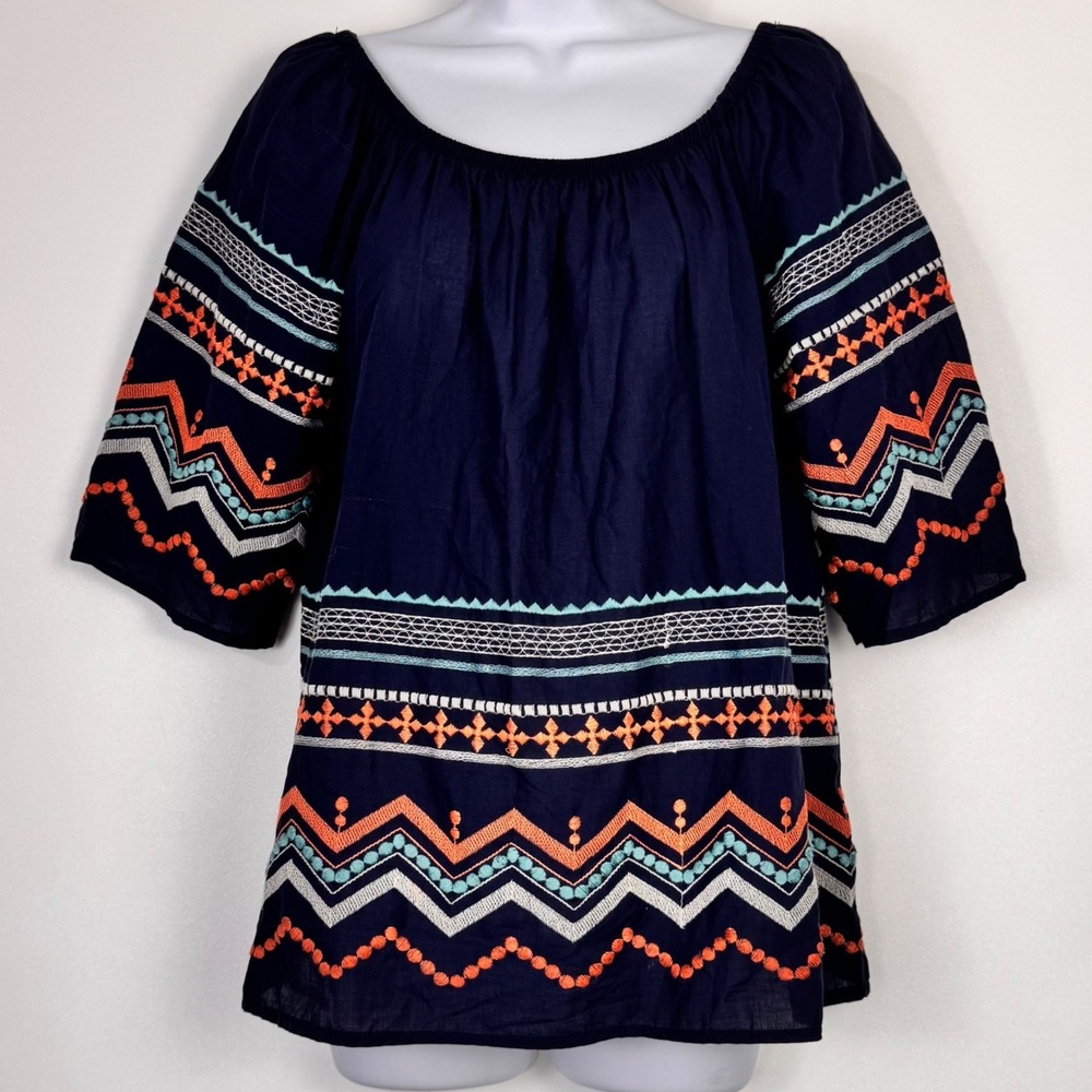 Bobeau Peasant Blouse Women S/P Navy Blue Half‎ Sleeve Boho Embroidered Top